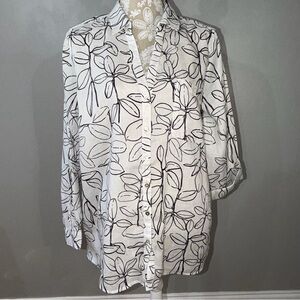Cynthia Rowley 100% Linen Roll Tab Sleeve Shirt Top XL Leaf Print / NEW NWT